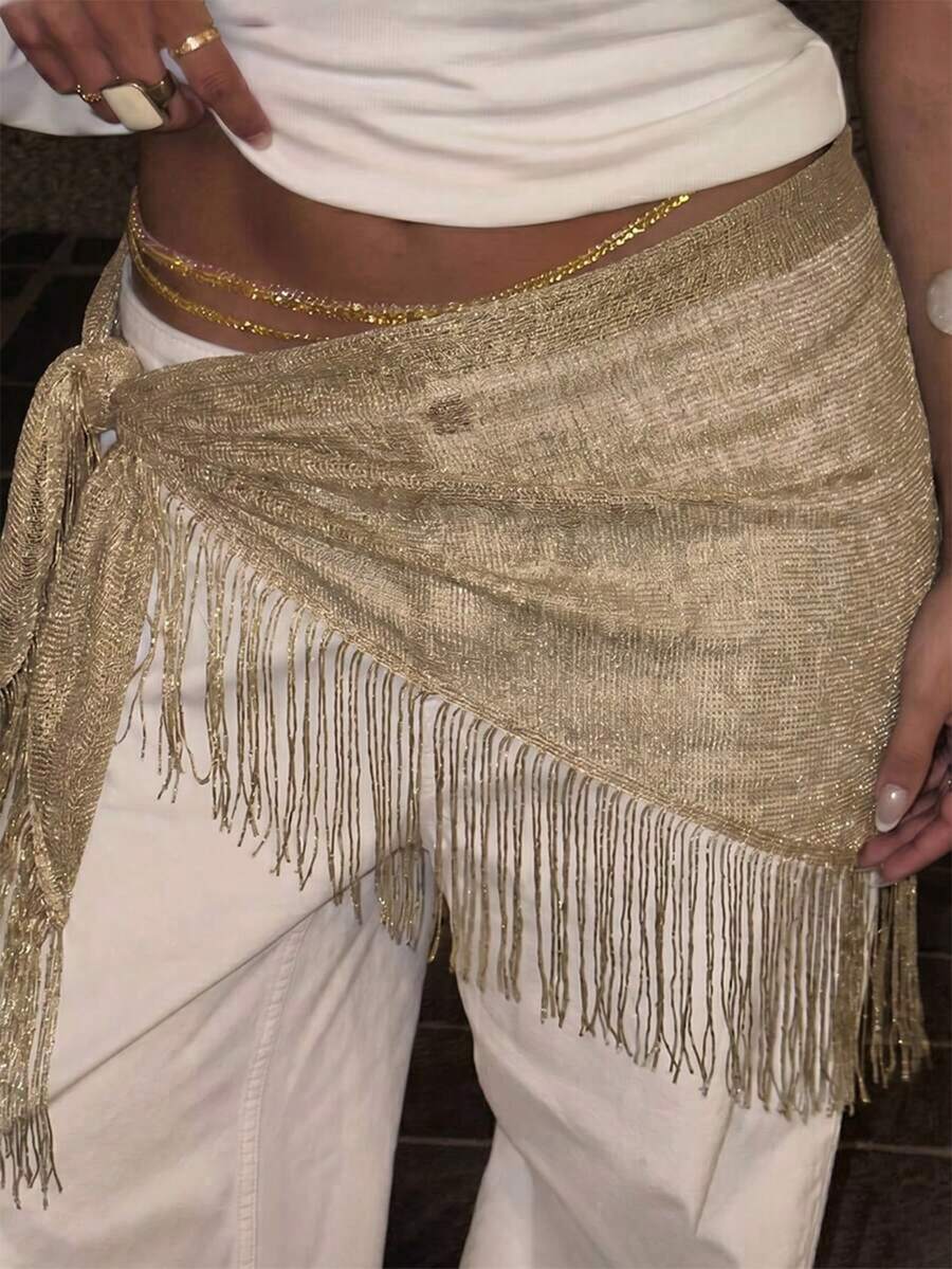 1pc Summer Beach New Jazz Dance Street Dance Waist Chain Hip Scarf Accessory, Sequin Triangle Scarf Tassel Chain Hip Scarf Accessory, Sequin - Gold - View 1