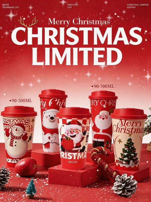 1/5/10pcs Reusable Christmas Coffee Mugs With Lids, Christmas Travel Mugs, Patterns Include Christmas Bear, Santa Claus, Snowman And Christmas Tree, Suitable For Hot And Cold Drinks, Perfect Christmas Gift!