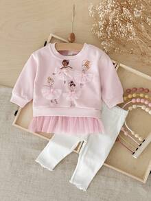2Pcs/Set Baby & Toddler Girls Mesh Patchwork Sweatshirt Set, Ballet Girl Print Top With Frill Trim Leggings, 2 Pieces Outfit, Spring/Autumn - Pink - View 6