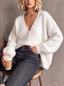 Cardigan Rajut Putih Lembut Wanita, Kerah V, Kancing, Lengan Panjang, Panjang Standar, Cocok untuk Pakaian Musim Gugur/Musim Dingin - Putih - View 1