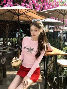 Pink Star & Letter Print Sweet Slim Fit Women's Long Sleeve T-Shirt, Autumn Niche American Style Cropped Top - Pink - View 5