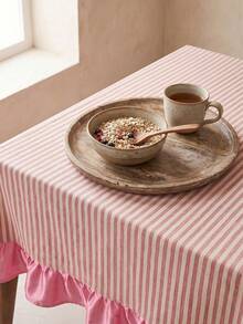 1pc White Base Red Striped Pink Ruffle Edge Tablecloth, Fresh Natural Style Fabric Rectangular Pink Ruffle Edge Patchwork Detail Decorative Functional Dining Tablecloth Suitable For Daily Home Dining And Fresh Home Decor Scenes - Red - View 7