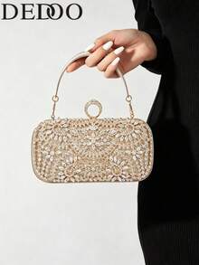 Women Evening Clutches,Oval Hardcase Clutch, Detachable Crossbody Chain, Luxe Vintage Glam Style, For Wedding Prom Cocktail Banquet Ladies All Seasons - Gold - View 1
