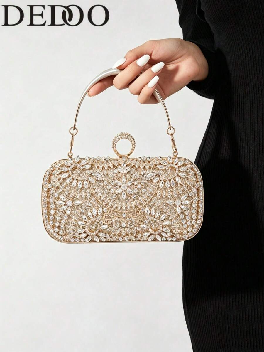 Women Evening Clutches,Oval Hardcase Clutch, Detachable Crossbody Chain, Luxe Vintage Glam Style, For Wedding Prom Cocktail Banquet Ladies All Seasons - Gold - View 1