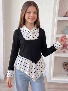 Tween Girls' French Polka Dot Patchwork Top With Collar, Ribbed Texture, Slim Fit And Asymmetrical Hem, Gentle Artistic Style - Black - View 3
