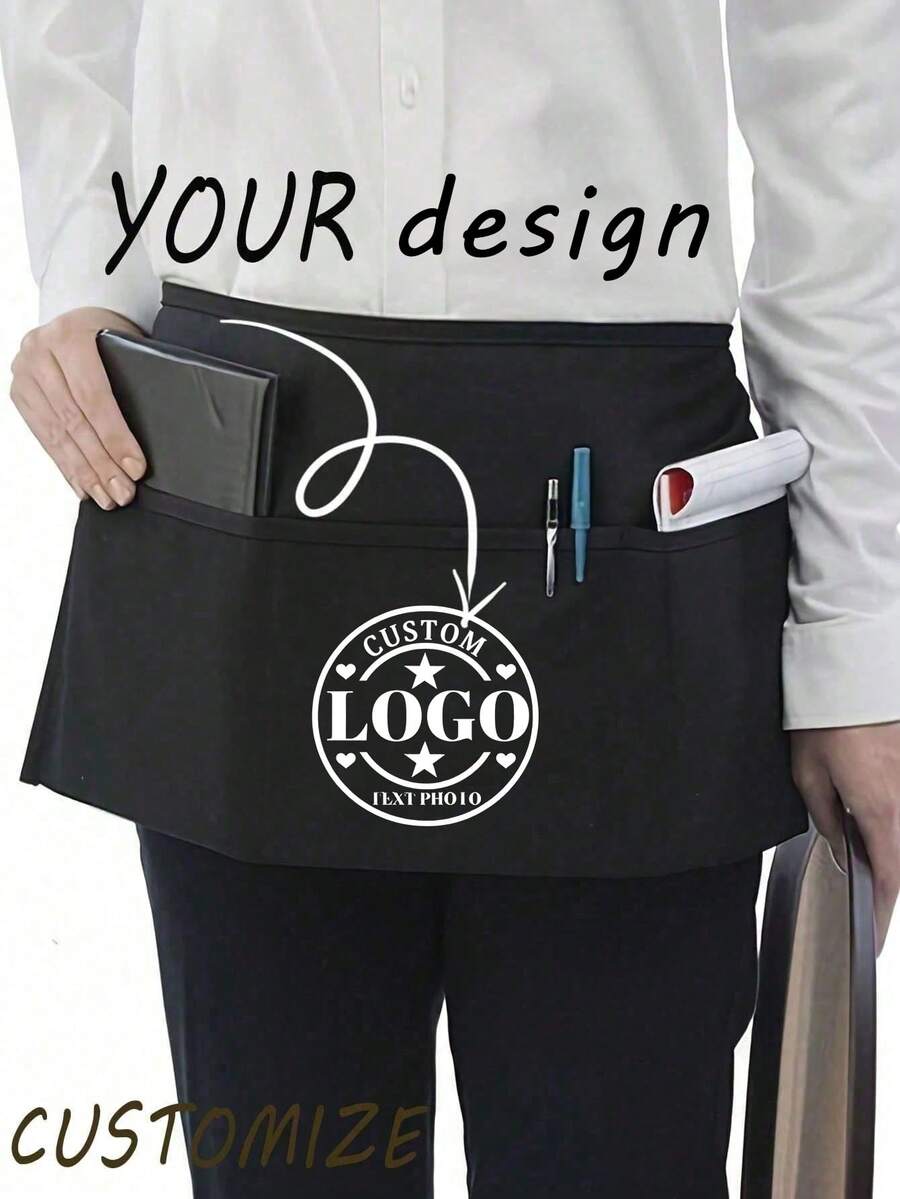1pc Personalized Customized Neutral Polyester Apron, With 3 Pockets, Customizable Logo, Short Waist Server Uniform, Black Hairdresser Apron, Hairdresser/Beautician Beauty Gift Customization, Suitable For Kitchen, Baking And Chef Use