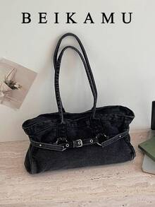 Fashionable Vintage Black Underarm Large Bag, Unique Buckle Design Women's Bag, Relaxed Street Style Shoulder Tote Bag, Suitable For University, Commuting, Shopping, Strolling, Daily Use. - Black - View 2