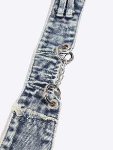 1pc Distressed Washed Denim Decorative Tie-Free Accessory With Frayed Edge Patch Pocket And Metal Ring Chain, Cool Subculture Style - Multicolor - View 3