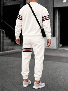Men's White Crew Neck Sweatshirt And Jogger Pants 2 Pieces Set, Equestrian Logo Webbing Stripe Minimalist Versatile Sportswear Outfit, Soft And Comfortable Fabric - White - View 2