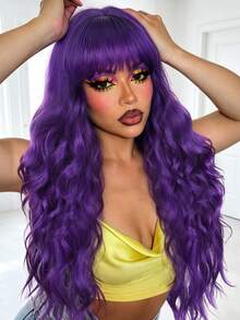 26 Inch Dark Purple Long Wavy Wig With Bangs For Women Heat Resistant Synthetic Fiber, Trimmable Bangs, Natural Wavy Wig Lightweight For Daily Wear, Cosplay, Parties, Festivals, And Halloween - Multicolor - View 3