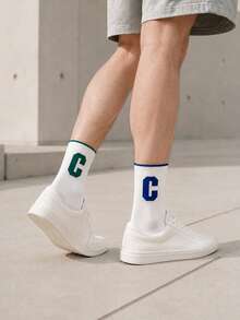 2 Pairs Men's Mid-Calf Socks With Letter C, Green, Blue, White, Suitable For Outdoor And Indoor, Unisex, Comfortable Fabric, Fashion, Sports, Gift For Men - Multicolor - View 3