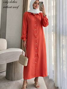 Gaun Kemeja Wanita Berwarna Oranye dengan Tekstur, Kerah, Kancing Depan, Lengan Panjang, Saku Samping, Gaun Kemeja Panjang Longgar untuk Musim Gugur - Burnt Orange - View 5