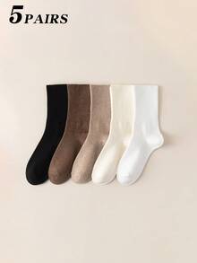 1/2/5 Pairs Women's Mid-Calf Cotton Socks With Double Needle Loose Cuff, Unisex - Multicolor - View 24