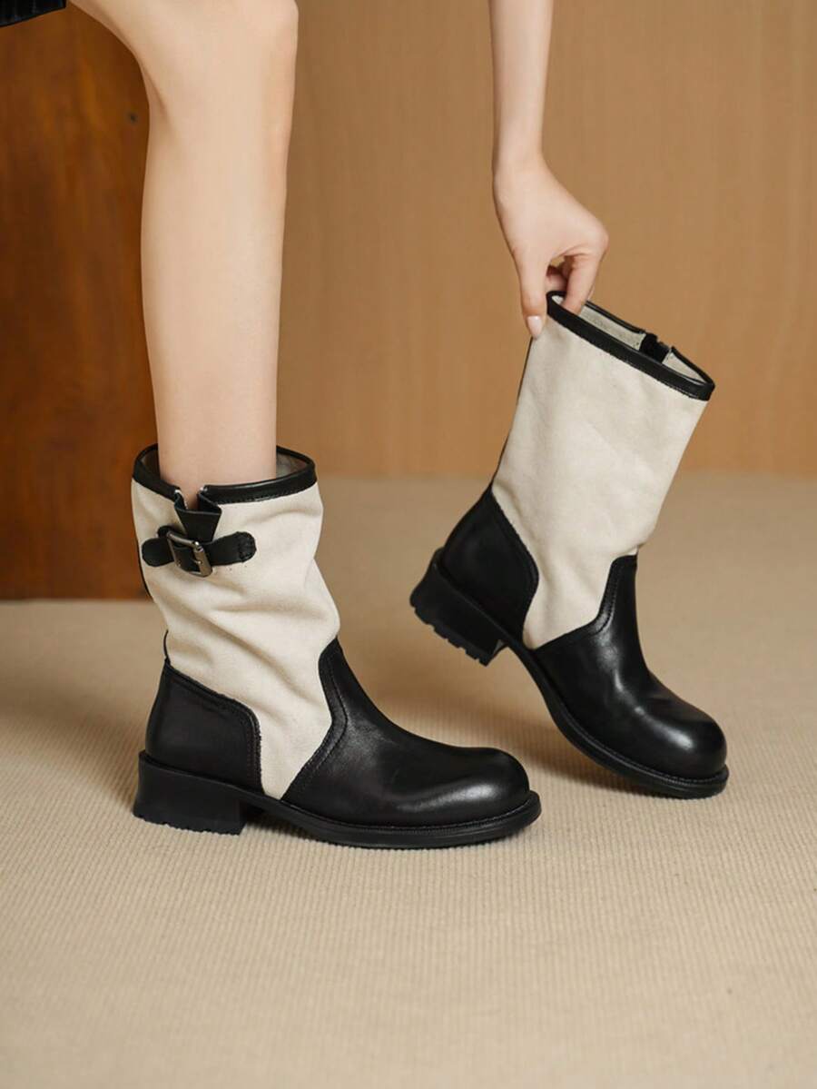 Women's Colorblock Canvas Patchwork Riding Boots, Metal Buckle Chunky Heel Round Toe Mid-Calf Boots, Autumn/Winter Fashion Casual Boots - Beige - View 1