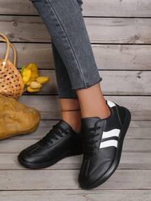 Women's Plus Size Wide Fit Athletic Shoes, Solid Color Faux Leather Patchwork, Front Lace-Up, Suitable For Sports And Casual Wear, Versatile And Lightweight - Black - View 3