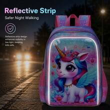 3pcs/Set Girls Cartoon Unicorn Floral Blue Wings Adjustable Shoulder Strap Zipper Closure Cute Style Backpack Set, Suitable For Back To School And Daily Outings - Pink - View 5