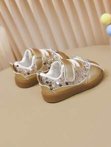 Gold Sequin Girls' First Walker Shoes, Heart Pendant Bow Magic Tape Princess Shoes For Baby Girls - Rose Gold - View 6