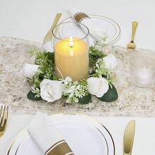 Artificial Flower Wreath Candle Holder Decoration, Wedding Table Centerpiece, White Rose Floral Arrangement Table Decor For Banquet - White - View 6