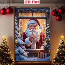 [Spanduk Pesta] 1 buah, Bahan Poliester, Spanduk Dekorasi Jendela Santa Claus, Pohon Natal, Hadiah, Desain Kepingan Salju untuk Natal - Santa Claus akan datang - View 5