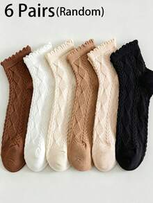 1/6 Pairs Women Solid Color Diamond Pattern Short Socks -Breathable & Comfortable WithLace Trim, Suitable For Spring/Summer, Cute Socks Random - Multicolor - View 8