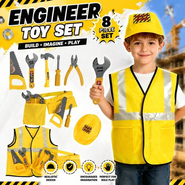 B.B.STUDY 8pcs Kids Engineering Role Play Costume Set, Suitable For Children 3 Years And Older, Includes Vest/Hat/Belt/5 Tools, Ideal For Home Play/Role Play/Stage Performance/Halloween Costume, Surprise Gift/Birthday Gift/Christmas Gift/Halloween Gift/Christmas Gift For Boys