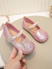 1 Pair Toddler Girls Pearl Decor Glitter Fabric Non‑Slip Round Toe Mary Jane Flat Princess Shoes For Party Daily Wear - Hot Pink - View 2