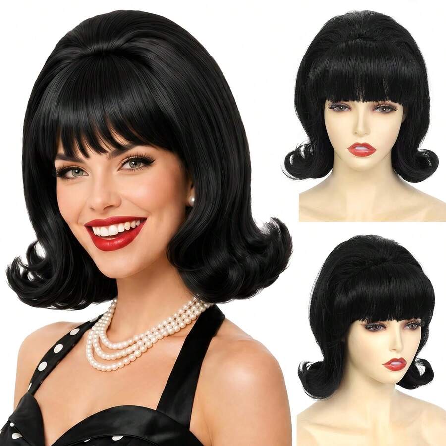 Short Bob Wig With Bangs For Women 60s 70s Retro Beehive Bouffant Black Wigs Vintage Costume Wig For Halloween Party Cosplay Fun Wig Shoulder Length - Multicolor - View 1
