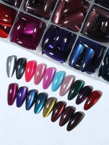 576 Pcs (24 Mixed Colors) Y2K Long Almond Glossy Nail Tips, Including Green, Purple, Red, Blue, Rose Red Cat Eye Crystal Cat Eye Acrylic Tips, Perfect For Long Almond Nail Designs - Multicolor - View 3