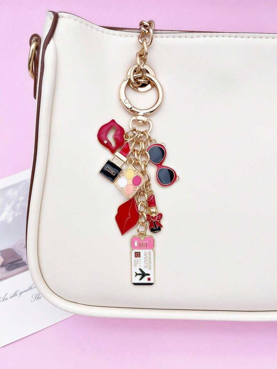 1pc/1set Premium Airplane Ticket Fashion Glasses Bag Charm, Fashionable Cosmetic-Style Keychain Pendant, Women's Shopping Accessory, Exquisite Lipstick Lips Bag Accessory, Female Car Key Chain With Tassel, Room Decor, Cute Gift - Multicolor - View 1