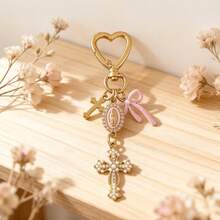 1pc Multi-Color Religious Cross Keychain, Decorated With Religious Love And Crystal Cross, Bag Charm, Bag Amulet, Pearl And Diamond, Cross Keychain, Bag Accessory, Cross Pendant, Wallet, Backpack Accessory, Earphone Case Accessory - Multicolor - View 5