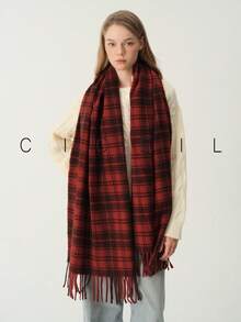 1pc Women's Vintage Fashionable Dual-Color Plaid Casual Versatile Polyester Scarf, Warm For Autumn/Winter Daily Wear - Khaki - View 14