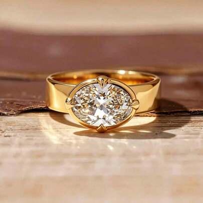 Elegant Minimalist Oval High Carbon Zirconia 18K Gold Plated Women's Wedding Engagement Ring