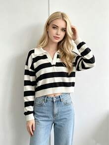 Jersey de punto con solapa a rayas en blanco y negro para mujer, camisa POLO casual de manga larga, corte entallado, favorecedor, cómodo y de estilo moderno. - Blanco y Negro - Ver 1