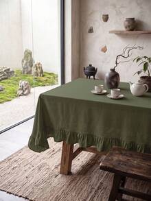1pc Solid Color Vintage Style Ruffle Edge Dust-Proof Tablecloth, High-End Feel, Lightweight And Breathable, Suitable For Dining Room, Living Room, Bedroom - Army Green - View 4