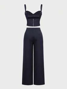 2pcs Set Women Commuting Outfit: Striped Camisole Top + Wide Leg Loose Casual Trousers Summer Elegant - Navy Blue - View 7