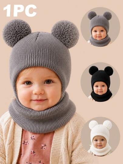 1pc Winter Baby Black Cute Knitted Double Ball Balaclava Ski Mask Hat, Suitable For Winter With Neck Warmer, Warm And Comfortable, Unisex Baby Knitted Hat, Outdoor And Daily Dual Use