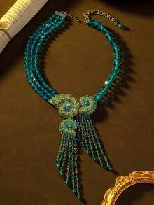 1pc Women's Fashion Vintage Jewelry Necklace, Retro Blue Ocean Style Tassel Seashell Heavy Craft Multi-Layer Faux Crystal Embellished Glamorous Necklace, Suitable For Banquet Wear - Multicolor - View 6
