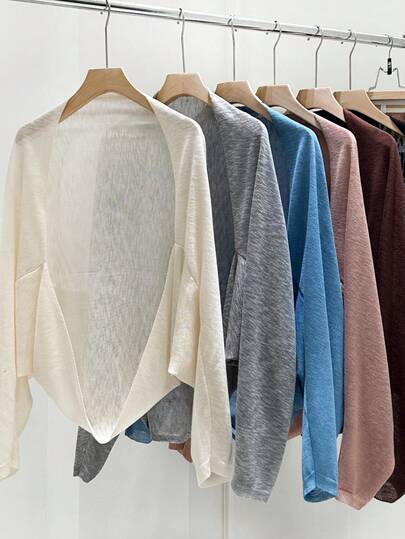 1pc Women's Solid Color Knitted Lightweight Breathable Fabric Dolman Sleeve Sun Protection Decorative Casual Elegant Style Cardigan Shawl Suitable For Office, Shopping, Travel, Spring, Summer, Autumn, Winter