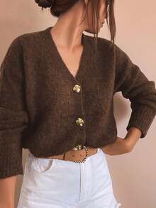 Cozy Women's Casual Retro Solid Color Single-Breasted Metal Button V-Neck Knit Cardigan Longe SLeeve Drop Shoulder Sweater For Fall And Winter - Brown - View 7
