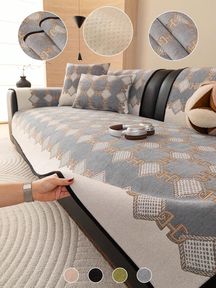 1 Buah Bantal Sofa Motif Rantai Kotak-kotak Vintage, Bahan Chenille, Bantalan Duduk Anti Selip Empat Musim, Tahan Hewan Peliharaan & Dapat Dicuci dengan Mesin