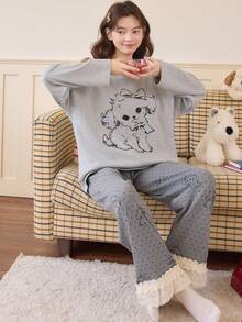2pcs Women's Pajama Set, Pullover Round Neck Cute Animal Print Minimalist Long Sleeve Cropped Pants, Suitable For All Seasons - Grey - View 10