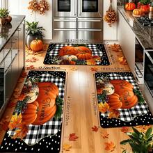 1/2/3pcs Autumn Theme Set Carpet, 2D Flat, Orange Pumpkin With Black And White Checkered Background Pattern, Thanksgiving Decor, Kitchen Carpet, Retro Style, Rectangular, Holiday Decor, Home Decor, Soft Carpet, Suitable For - White - View 1