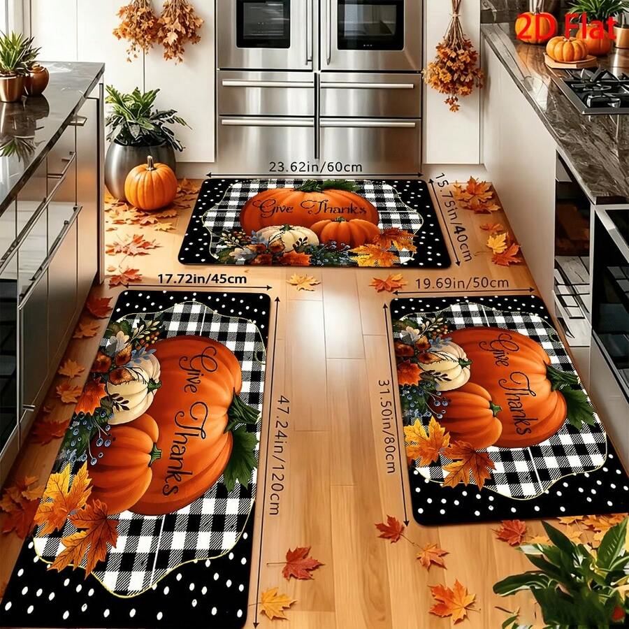 1/2/3pcs Autumn Theme Set Carpet, 2D Flat, Orange Pumpkin With Black And White Checkered Background Pattern, Thanksgiving Decor, Kitchen Carpet, Retro Style, Rectangular, Holiday Decor, Home Decor, Soft Carpet, Suitable For - White - View 1