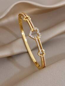 1pc Elegant Hollow Heart Series Bangle Bracelet For Women Luxury Zirconia Golden Copper Bangle For Daily Party Valentine Birthday Christmas Jewelry Gift - Multicolor - View 1