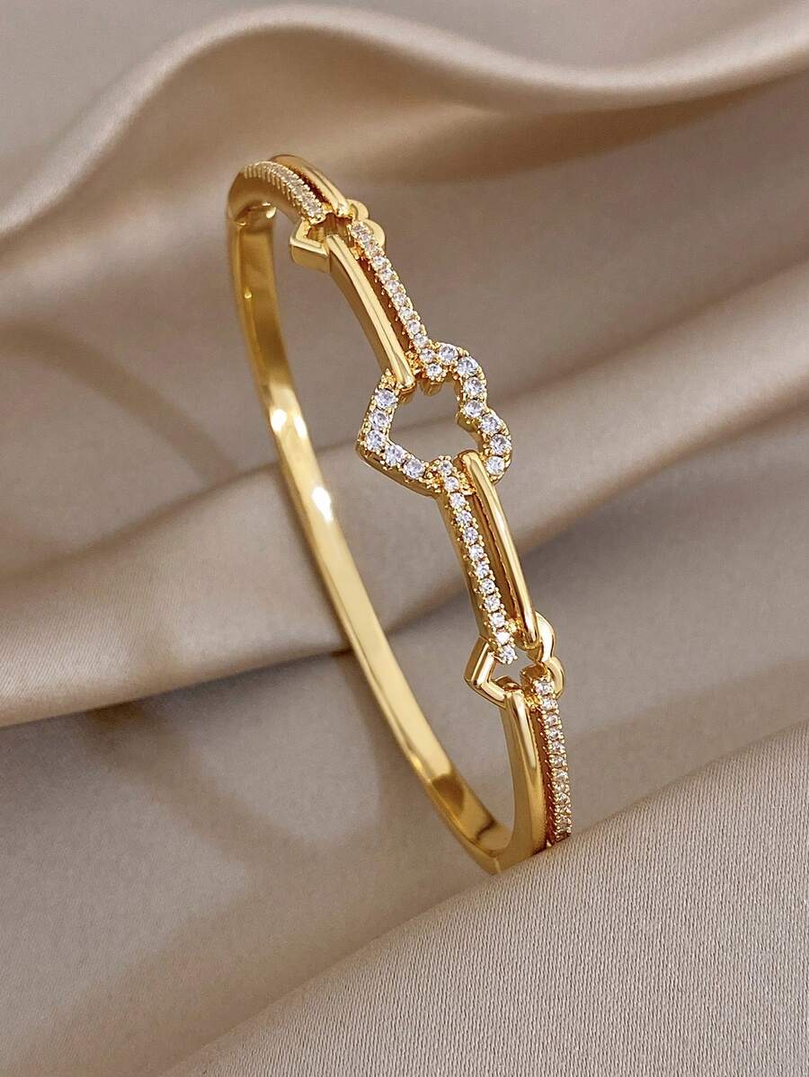 1pc Elegant Hollow Heart Series Bangle Bracelet For Women Luxury Zirconia Golden Copper Bangle For Daily Party Valentine Birthday Christmas Jewelry Gift - Multicolor - View 1