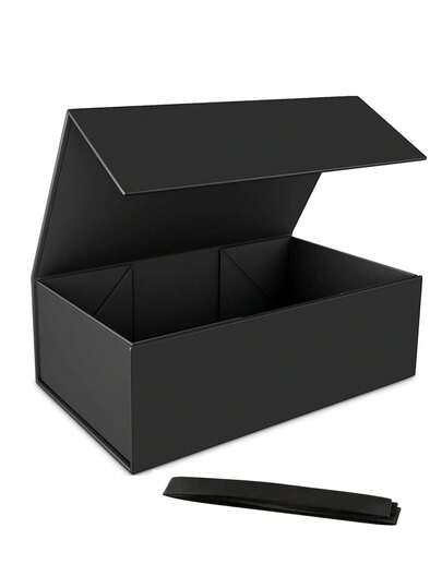 1PC Black Reusable Gift Box With Lid, Magnetic Closure, Rectangular Foldable, For Proposal Box, Wedding, Christmas, Halloween, Birthday Gift Packaging (Black With Ribbon)