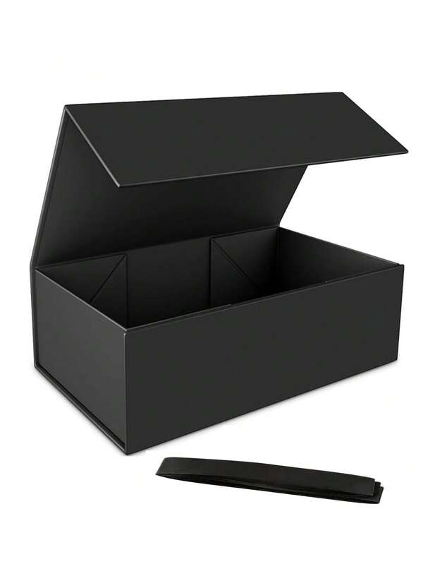 1PC Black Reusable Gift Box With Lid, Magnetic Closure, Rectangular Foldable, For Proposal Box, Wedding, Christmas, Halloween, Birthday Gift Packaging (Black With Ribbon)