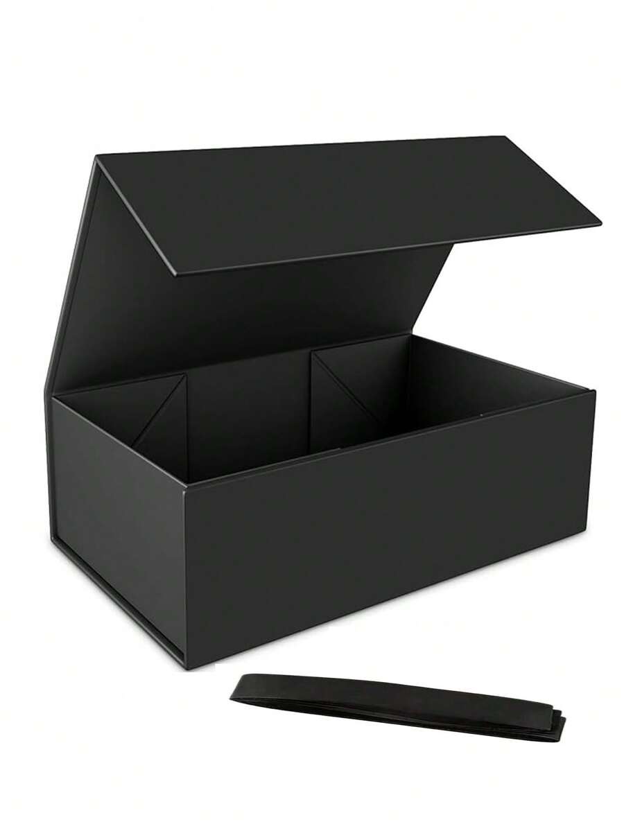 1PC Black Reusable Gift Box With Lid, Magnetic Closure, Rectangular Foldable, For Proposal Box, Wedding, Christmas, Halloween, Birthday Gift Packaging (Black With Ribbon) - Black - View 1