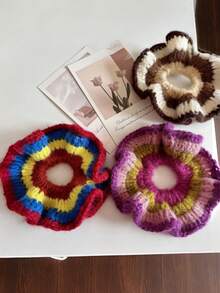 1pc Solid Color Casual Polyester (Polyester) Autumn/Winter New Knit Hair Tie, Mixed Yarn Scrunchie, Color Block Durable Fashionable Ponytail Bun Hair Accessory - Multicolor - View 2