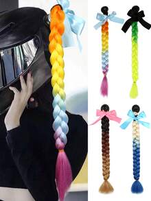 1pc 20 Inch Red Black Green Yellow Purple Pink Blue Helmet Braid Hairband With Detachable Suction Cup And Bow, Motorcycle Helmet Ponytail Hair Accessory, Multiple Colors Available (Helmet Not Included) - Multicolor - View 1